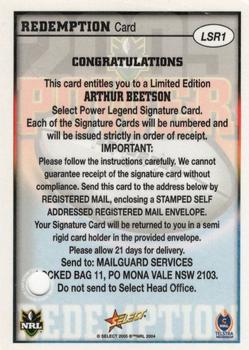 2005 Select Power - Signature Cards Redemption #LSR1 Arthur Beetson Back